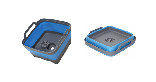 Collapsible blue sink for caravans shown in open and closed position