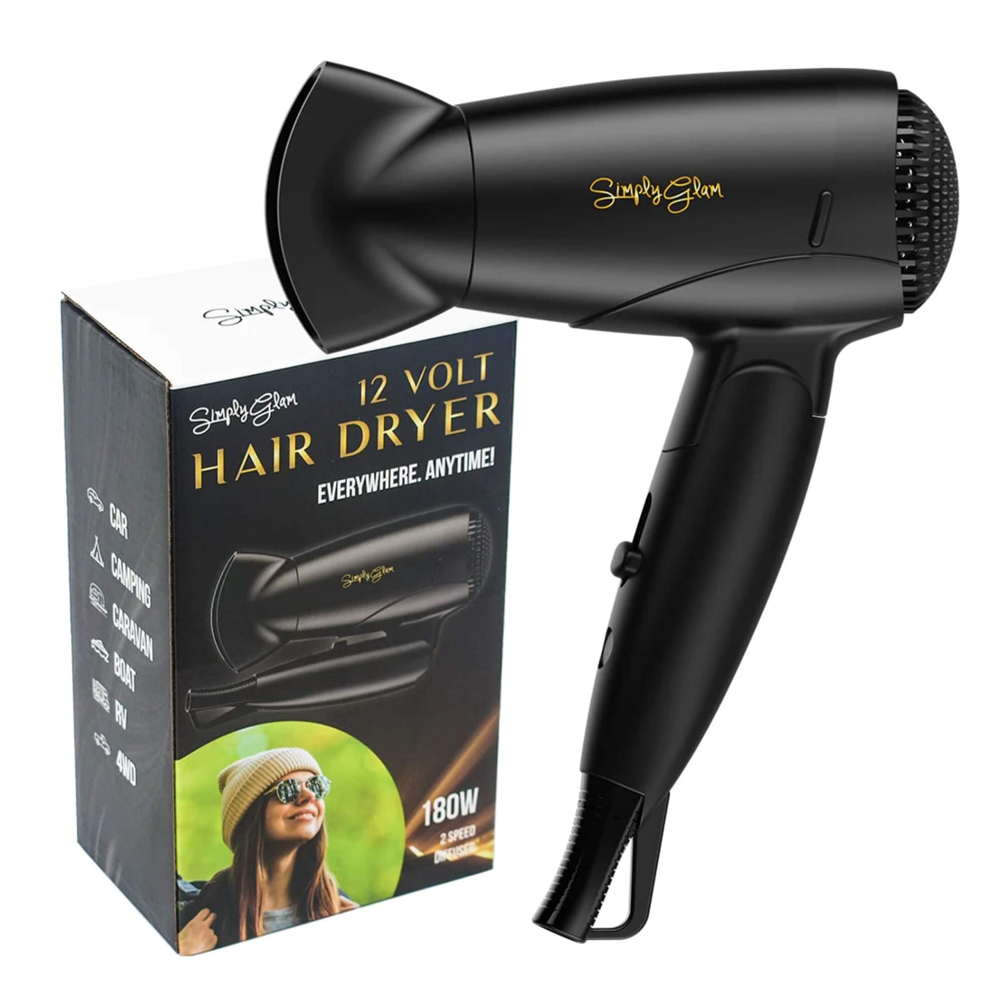 Simply Glam 12V portable hair dryer displayed beside product packaging