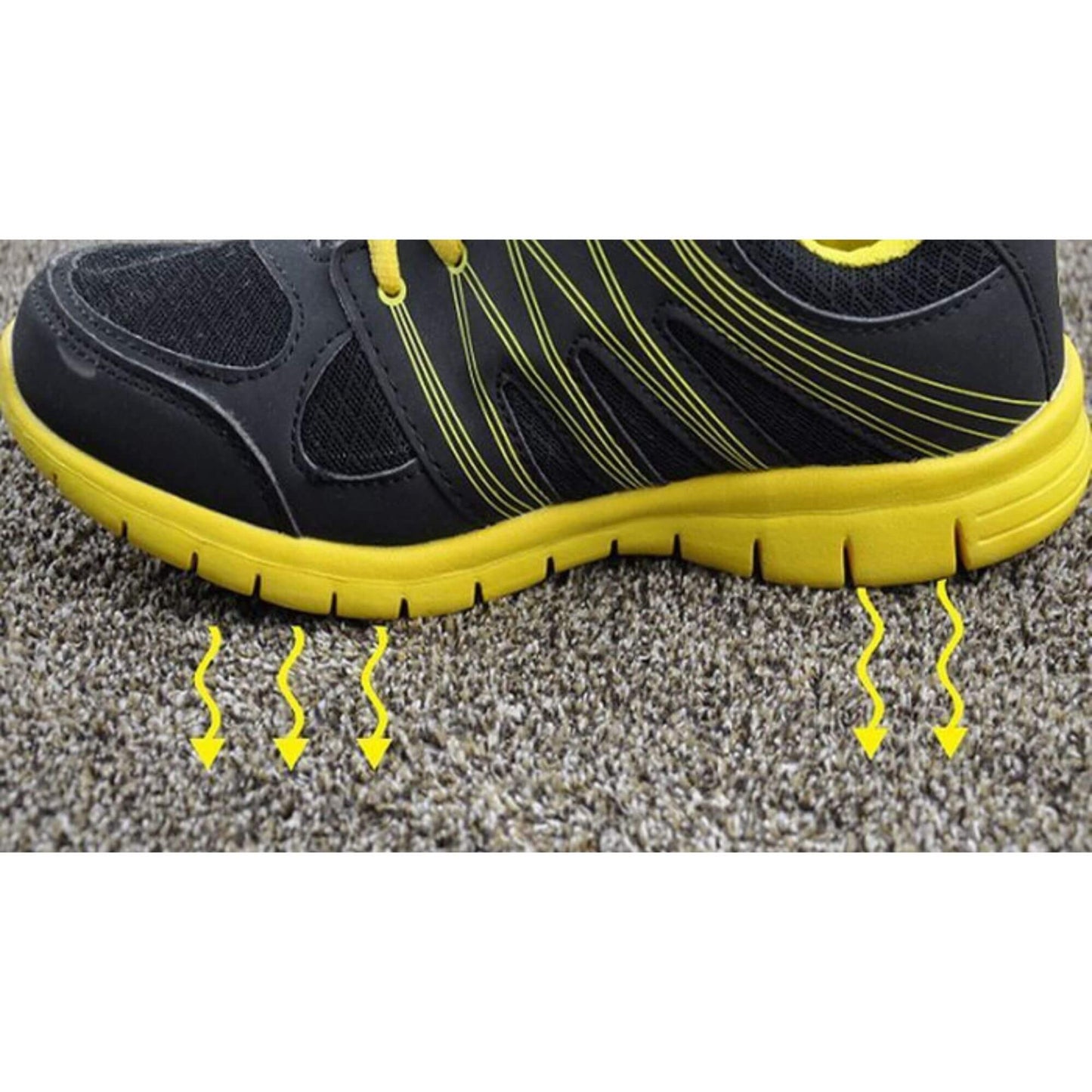 Close-up of a shoe stepping on the super absorbent doormat, showing how it traps dirt and moisture instantly.