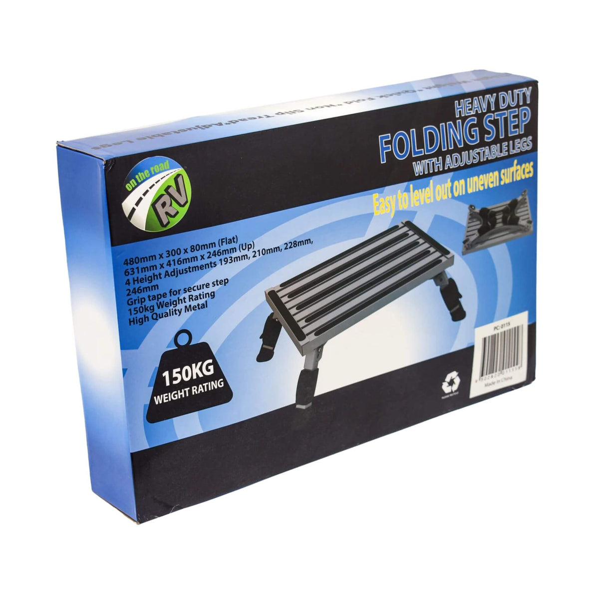 Box of a heavy-duty folding step with adjustable legs on a white background
