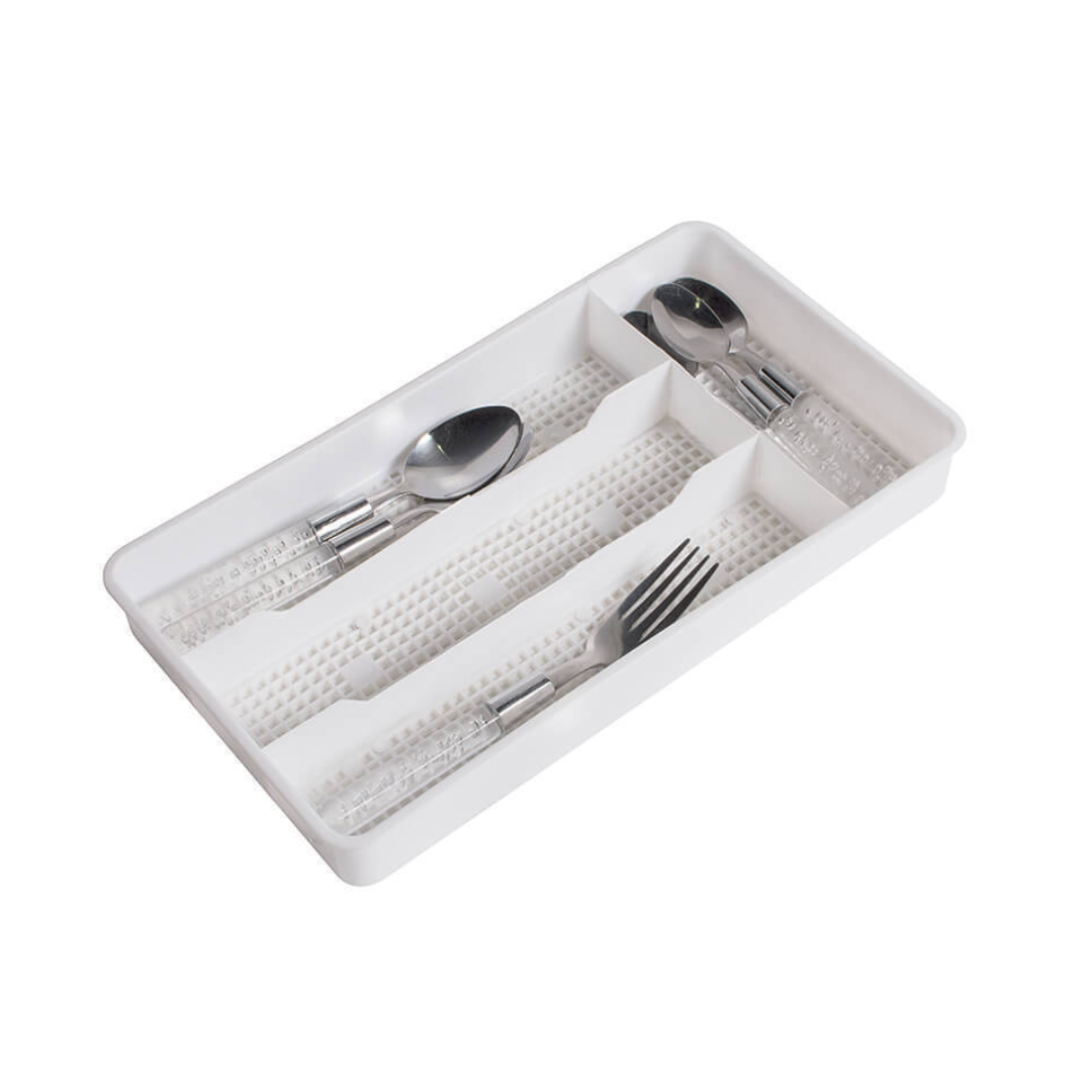 Small cutlery holder for caravans and RV kitchens, white plastic with four compartments