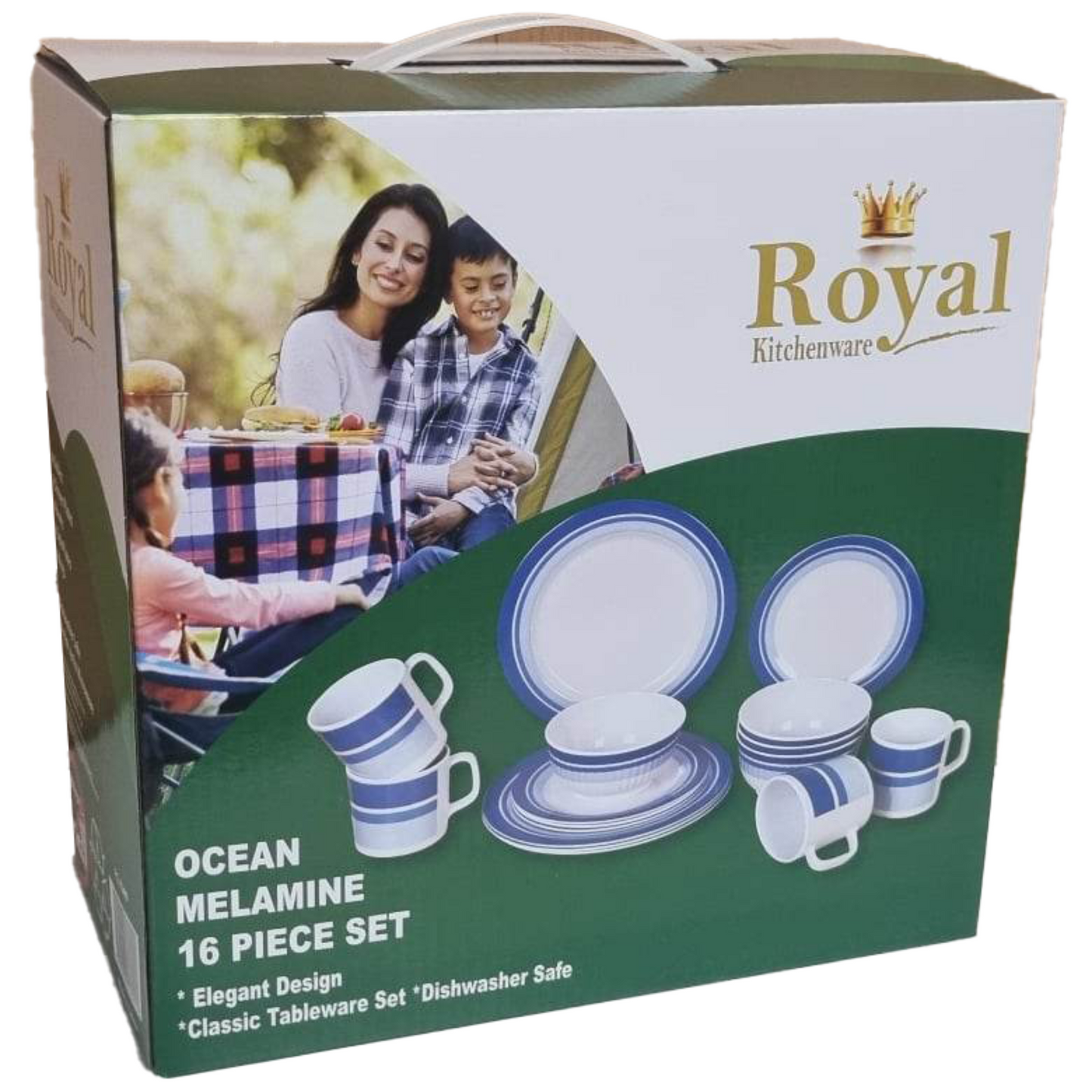 Royal Kitchenware Ocean 16-piece melamine dinnerware set with beach design – plates, bowls, and mugs