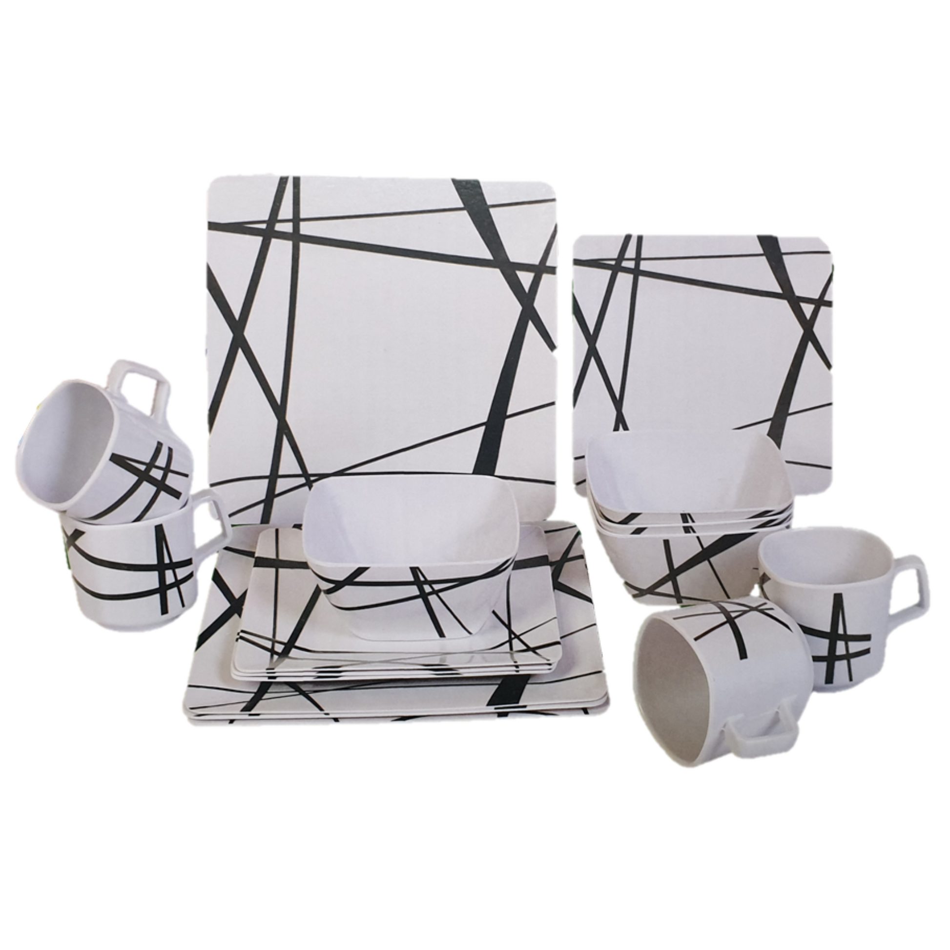 Mystique 16-piece melamine dinner set with square black and white plates, bowls, and mugs