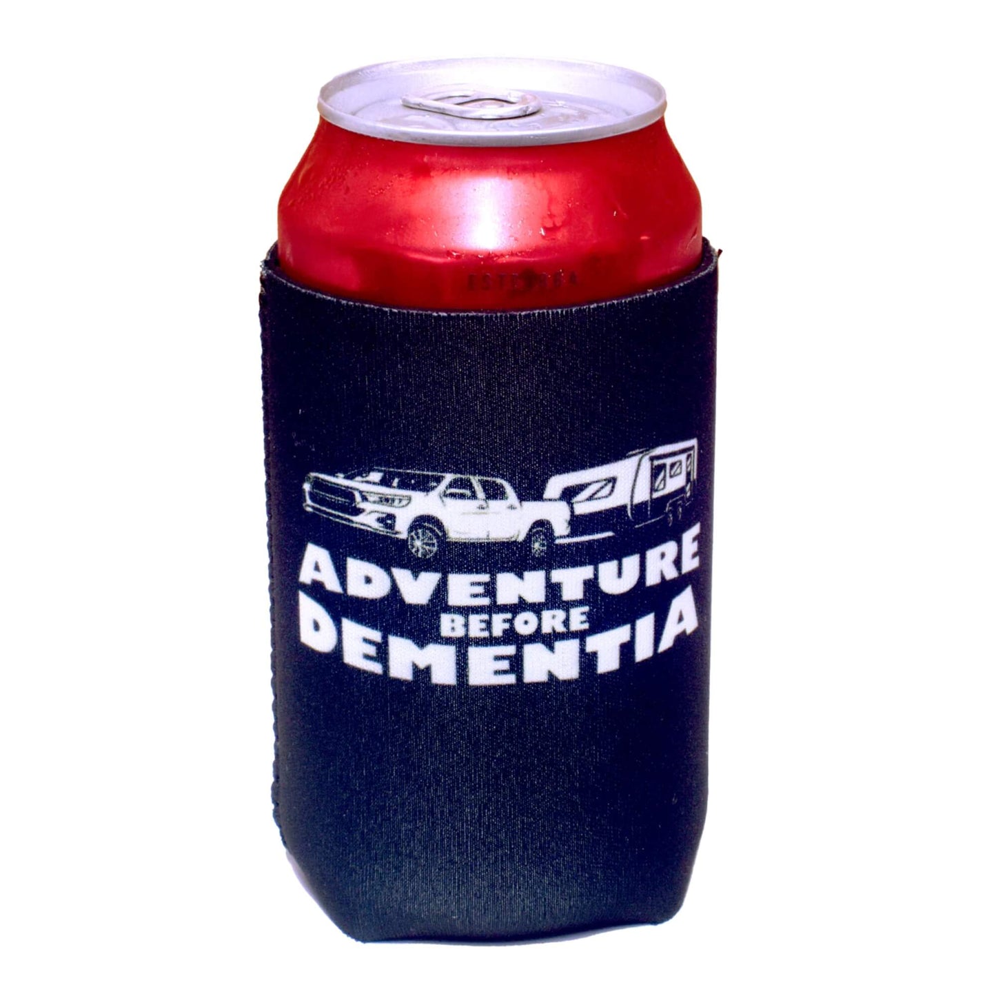 Adventure Before Dementia magnetic stubby holder in black with caravan towing design holding a red can