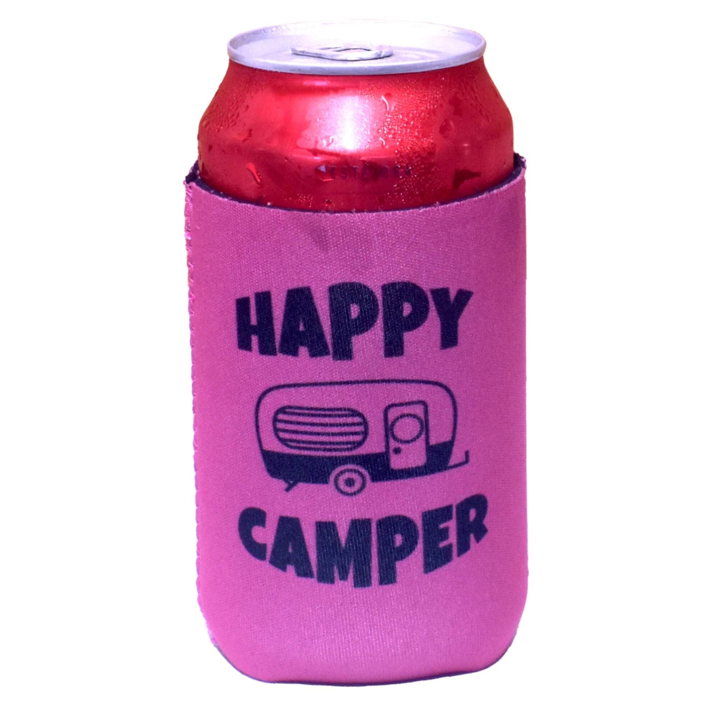 Pink Happy Camper magnetic stubby holder keeping a red can cold