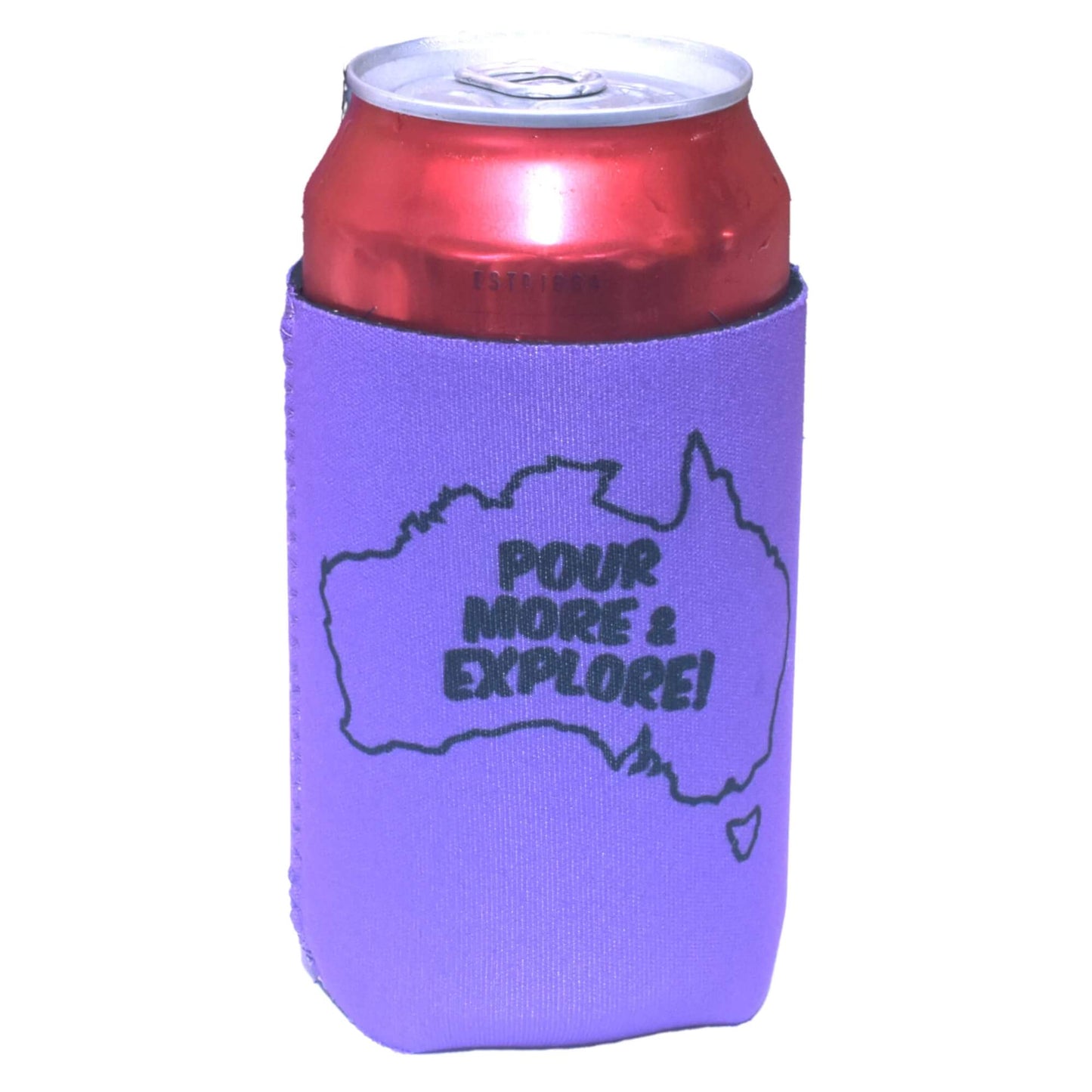 Purple Pour More & Explore magnetic stubby holder with red can