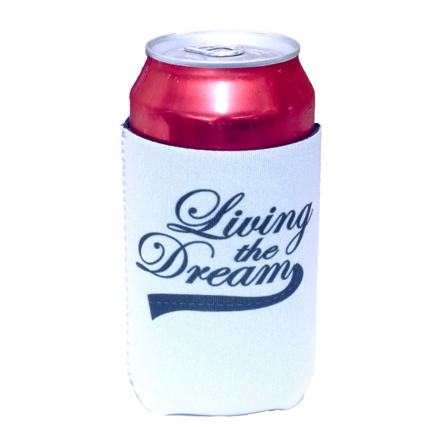 White Living The Dream magnetic stubby holder with red can