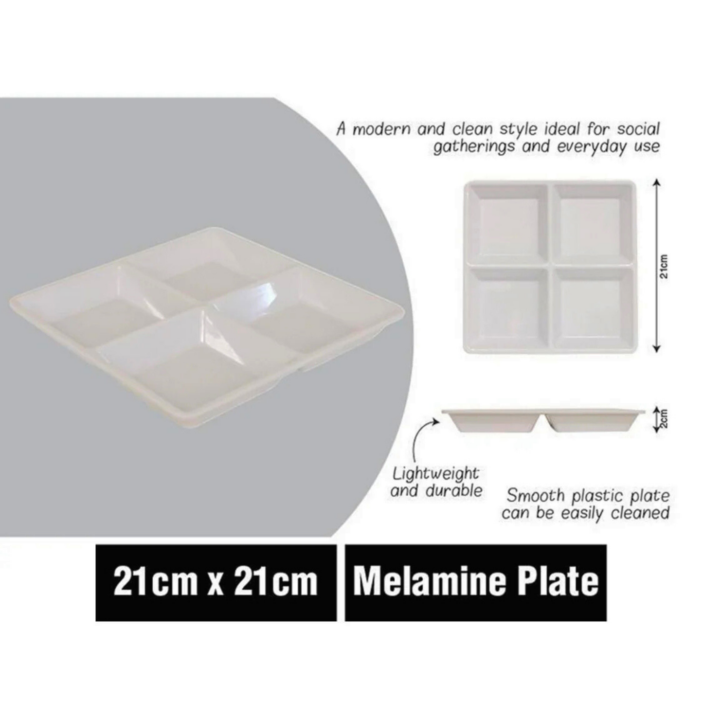 White melamine serving plate with 4 sections for snacks, appetisers, and caravanning