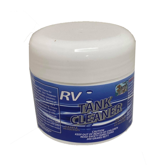 Container of water tank cleaner for RVs and caravans, designed to maintain clean, odour-free drinking water systems.