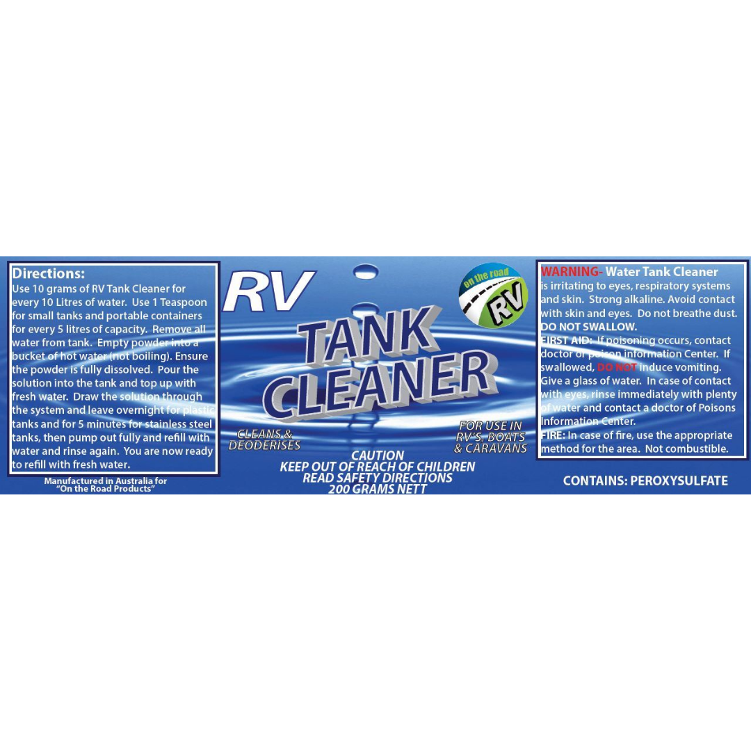 Instructions for water tank cleaner for RVs and caravans, designed to maintain clean, odour-free drinking water systems.