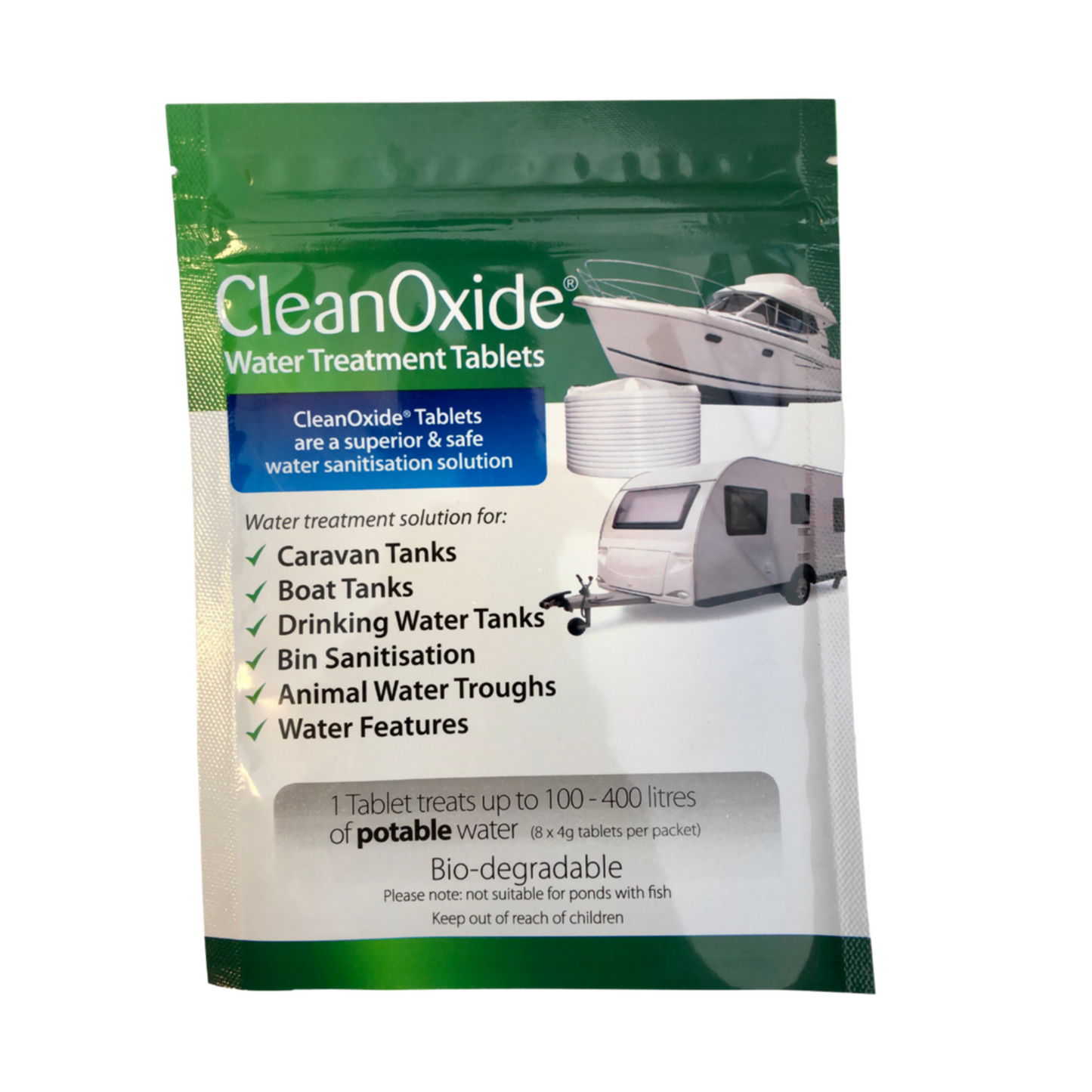 CleanOxide Water Tank Sanitiser 4gm Tablets 8 Pack – water purification for caravans and camping
Let me know if you'd like this wrapped in a copy button or if you'd like a product image alt text variation!