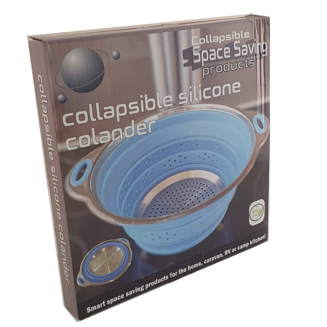 Collapsible blue silicone colander with 24cm diameter, ideal for caravans and camping kitchens