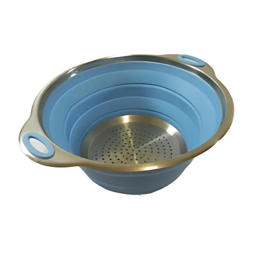 Collapsible blue silicone colander with 24cm diameter, ideal for caravans and camping kitchens