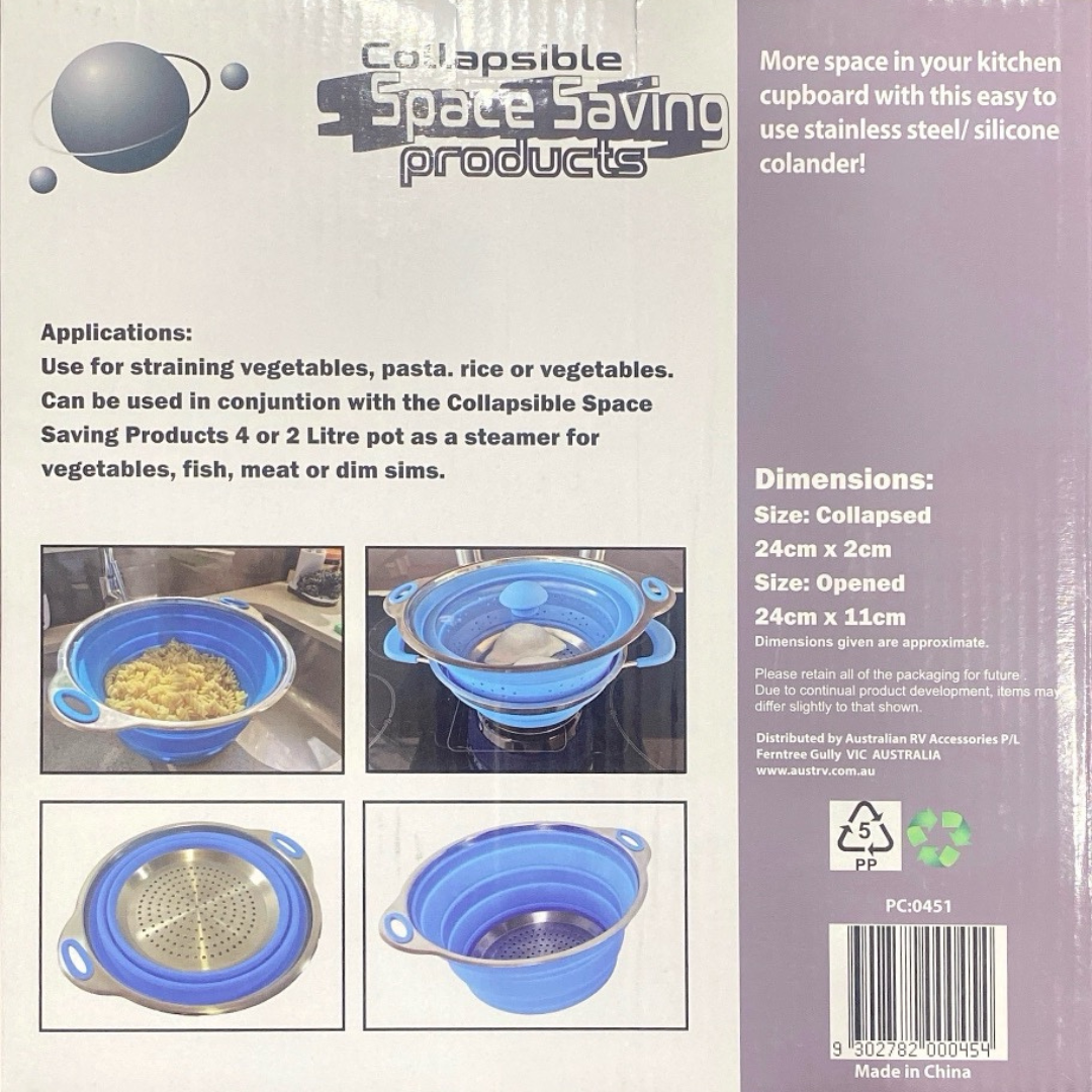 Collapsible blue silicone colander with 24cm diameter, ideal for caravans and camping kitchens