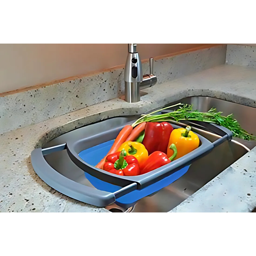 Collapsible over-the-sink strainer in blue/grey, expandable to 600mm wide, BPA-free design