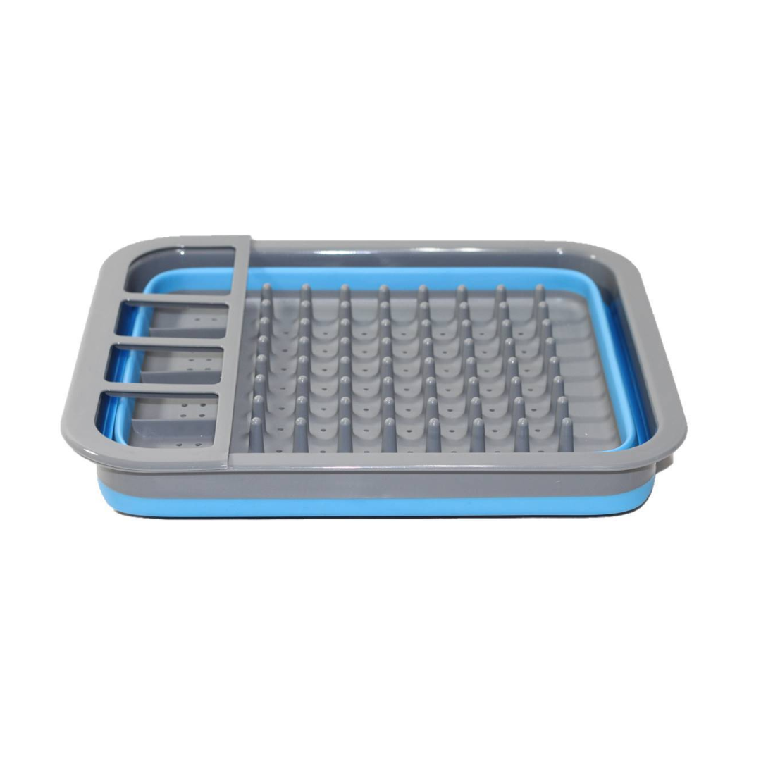 Collapsible blue silicone dish drainer with cutlery divider, 36.5cm wide and 12cm tall when expanded