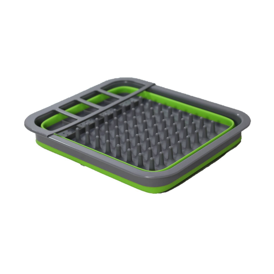 Collapsible green silicone dish drainer with cutlery divider, 36.5cm wide and 12cm tall when expanded