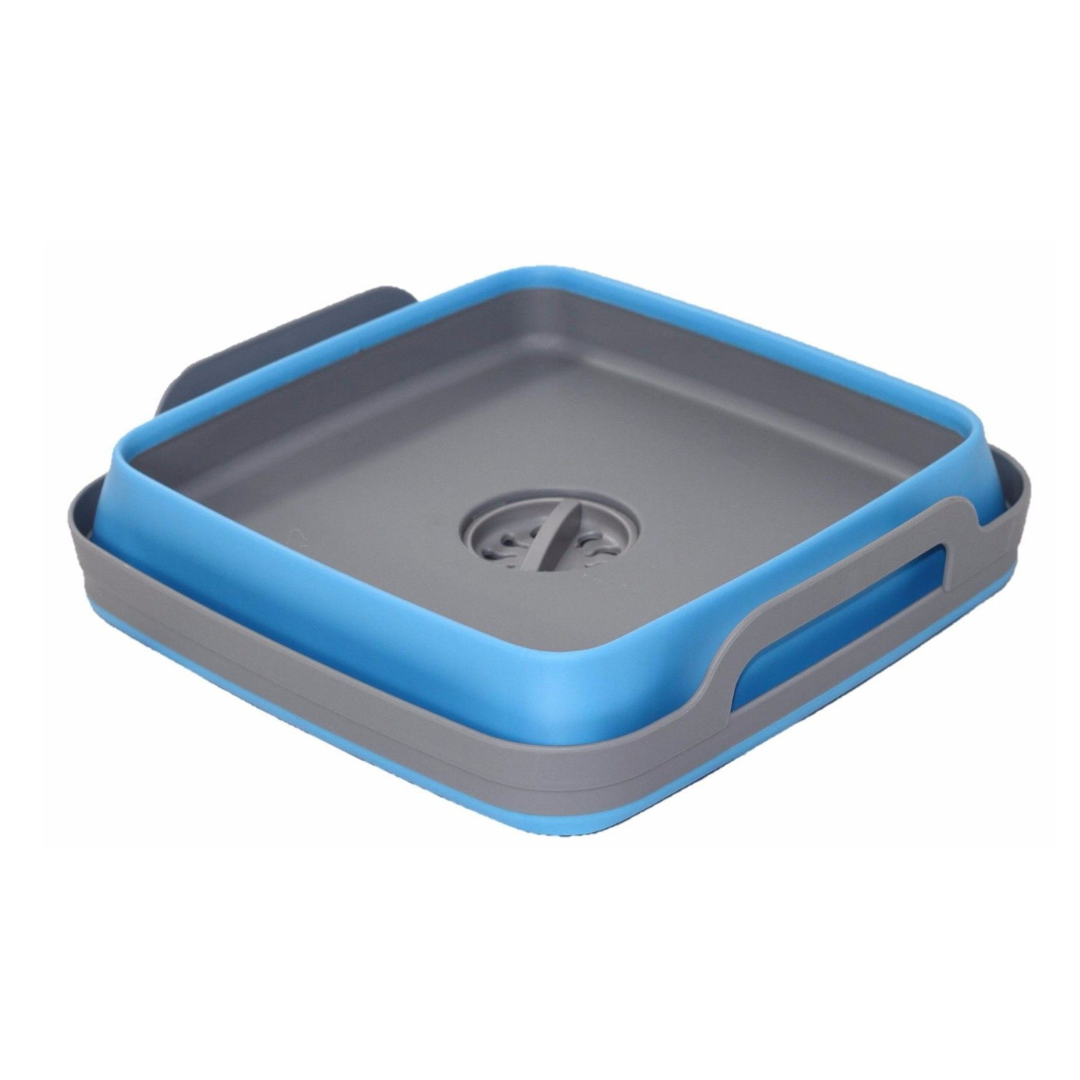 Collapsible blue sink with plug, BPA-free, folds flat for caravans, boats, or camping kitchens