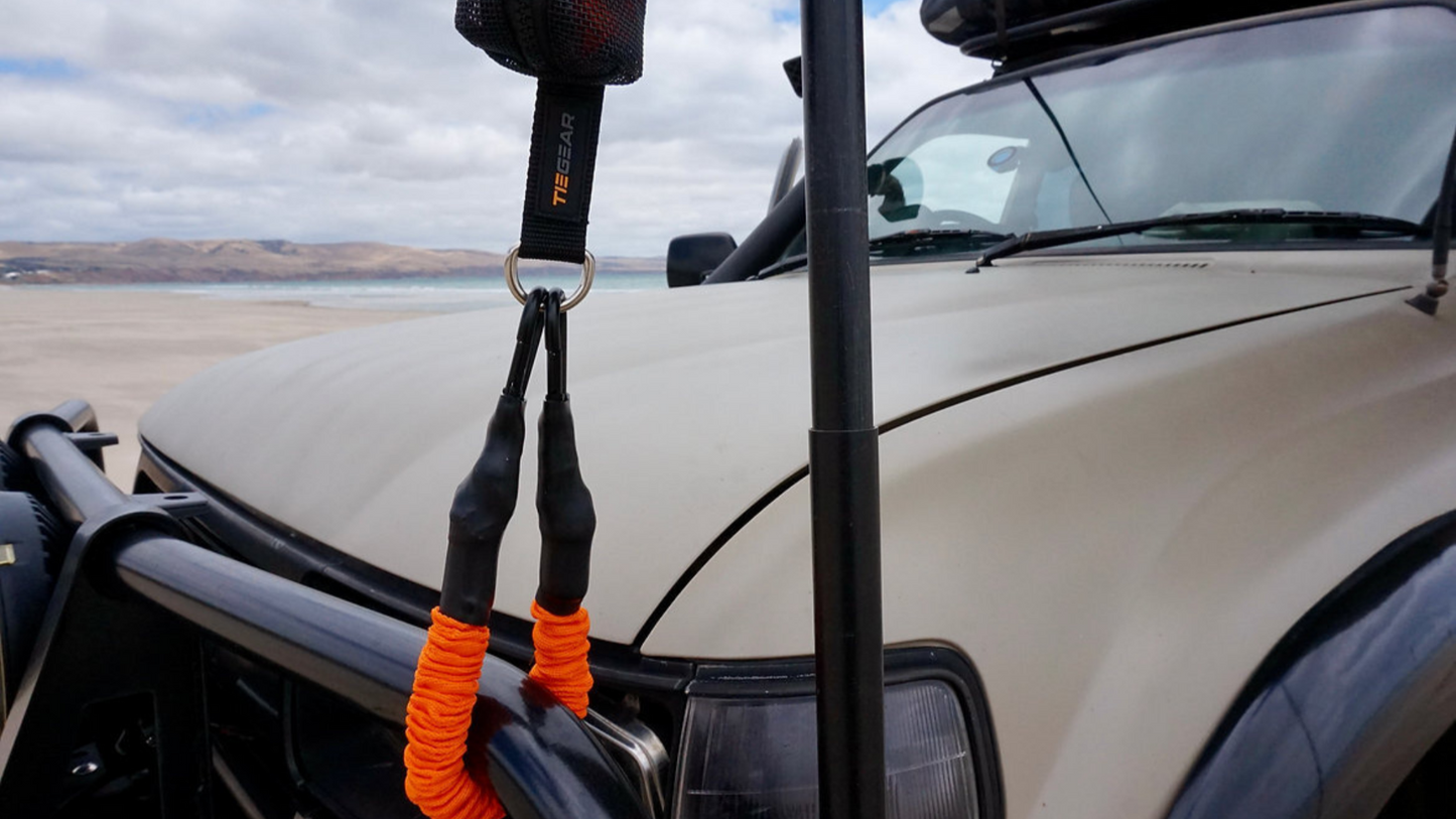 TieGear HD soft spring single. 75lb spring rate, clips & loop, 45cm length. Secure awnings & tents. Reliable, flexible tie-down.