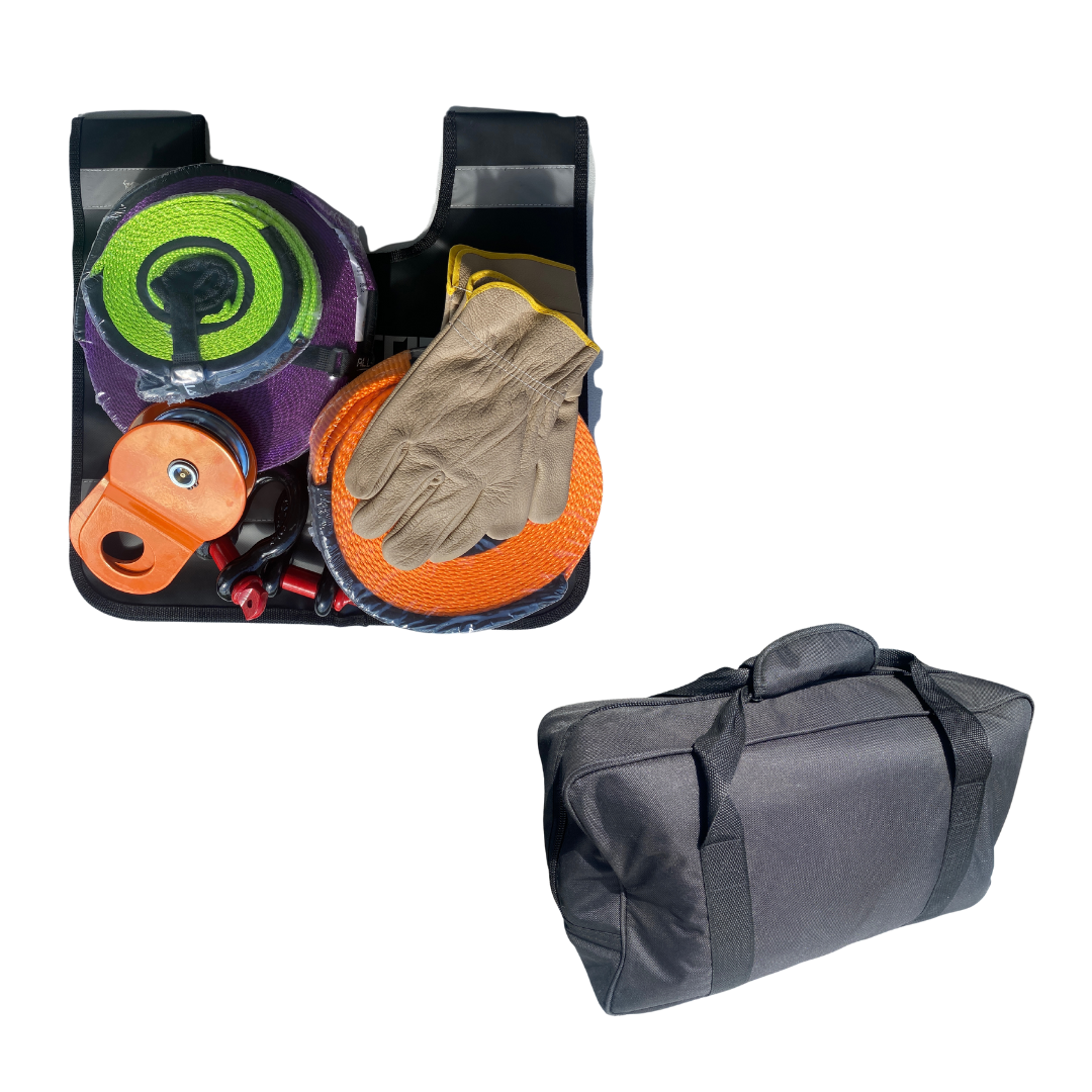 9-piece 4WD recovery kit including straps, shackles, snatch block, gloves, and gear bag for off-road recovery