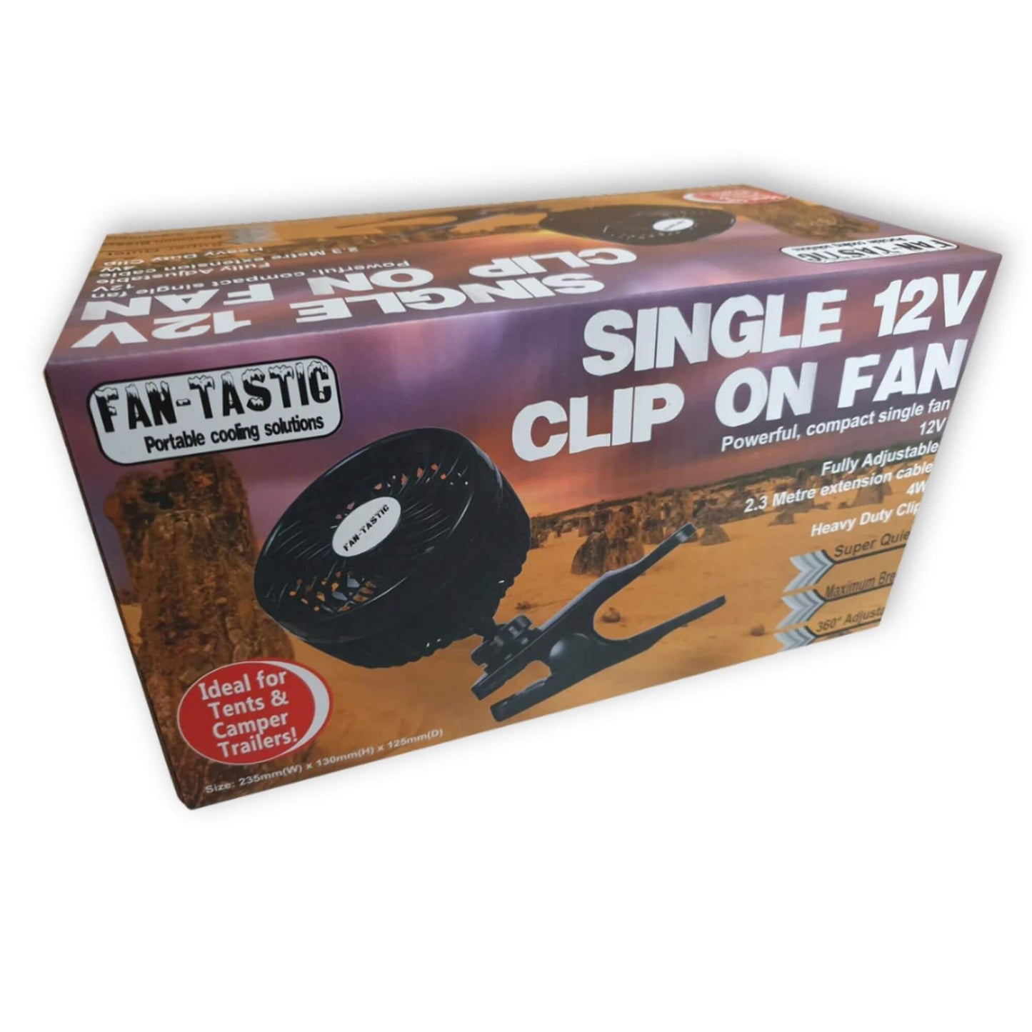 Box of a single 12V clip on fan with 'Fan-Tastic' branding.