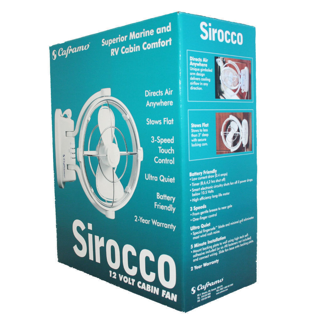 Sirocco II caravan fan in white with 360-degree airflow and foldaway design