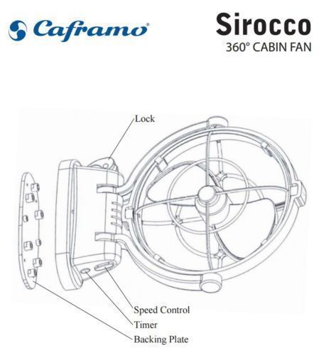 Sirocco II caravan fan in white with 360-degree airflow and foldaway design