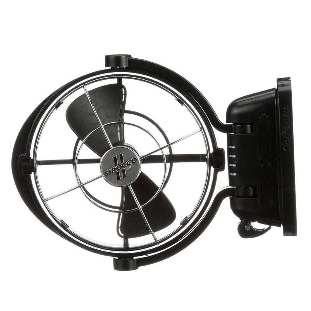Sirocco II black caravan fan with 360-degree airflow and fold-flat design