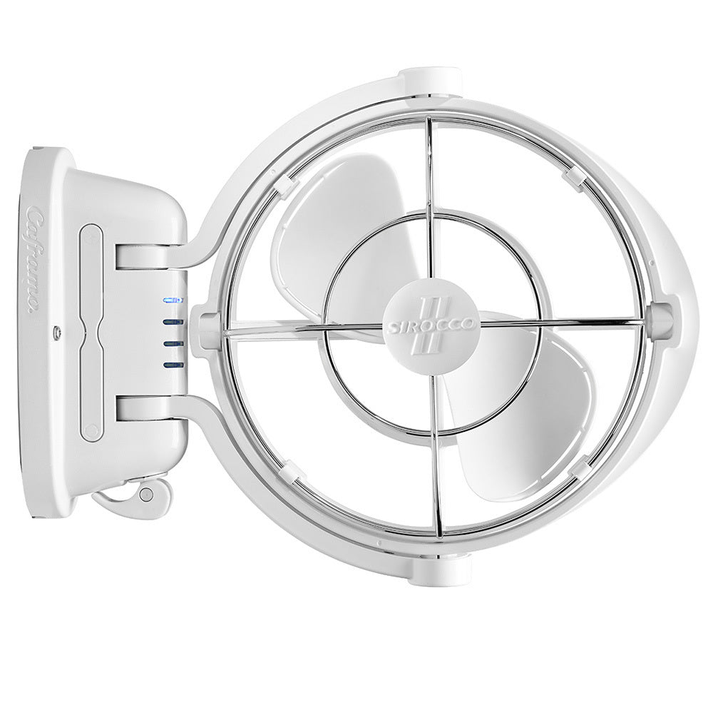 Sirocco II caravan fan in white with 360-degree airflow and foldaway design