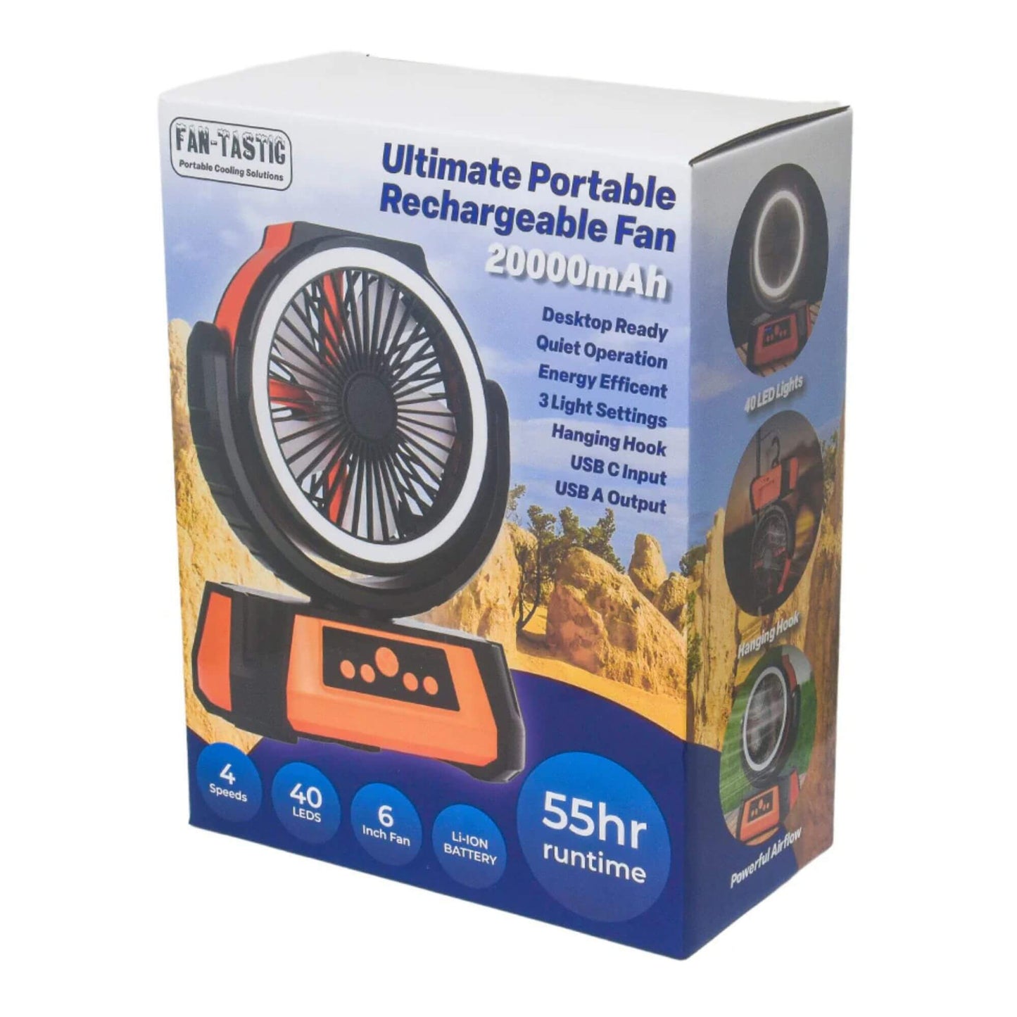 Box of a portable rechargeable fan with features listed on a white background