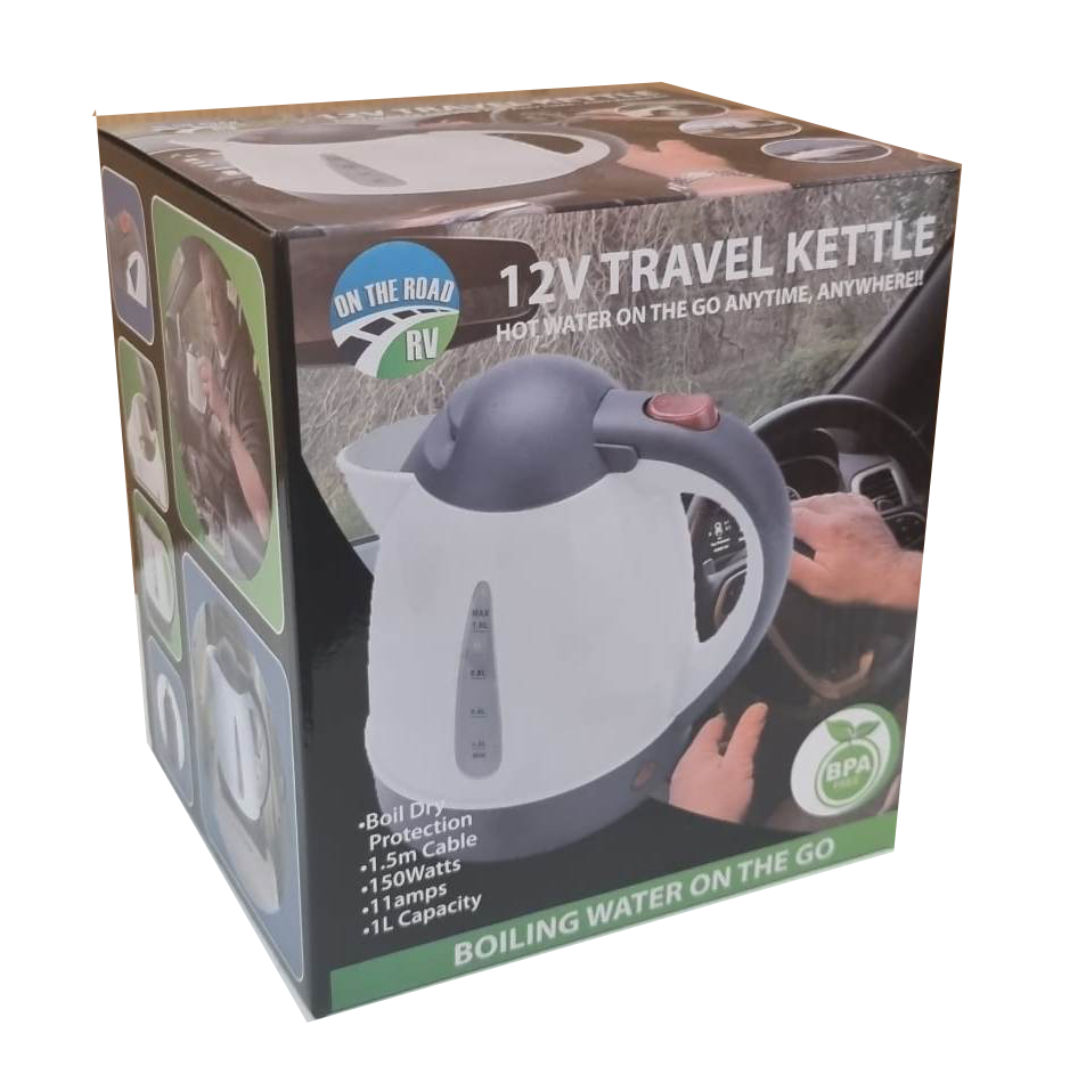 On The Road 12V 1L travel kettle with stainless steel base, BPA-free and 150W draw for caravans, camping, and boats