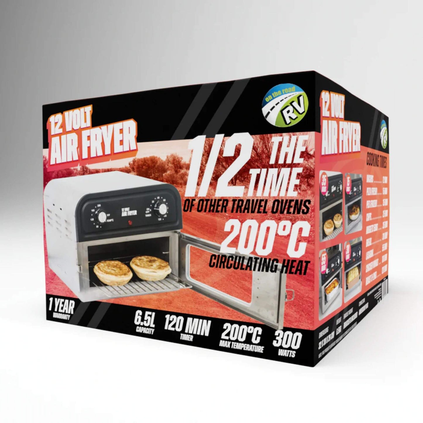 Box of a 12Volt air fryer with text on features and specifications.