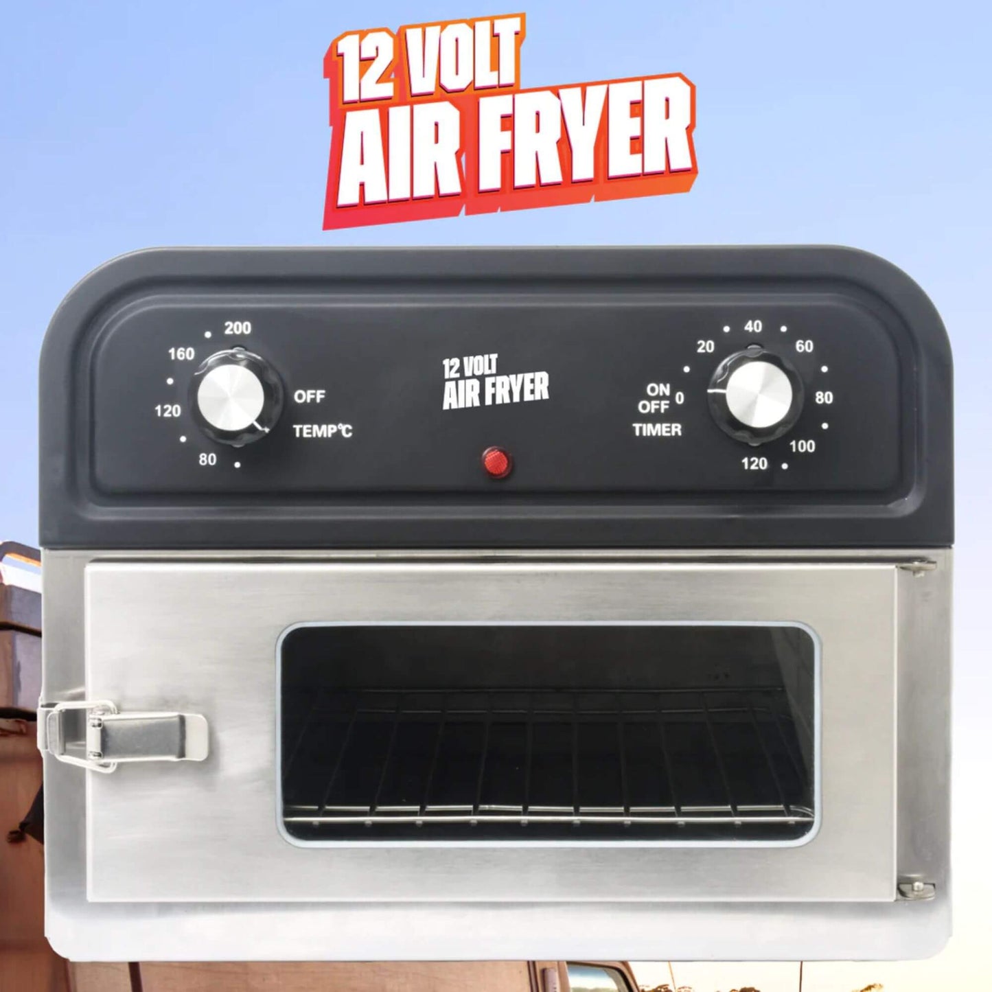 12 Volt Air Fryer with control panel on a blue background