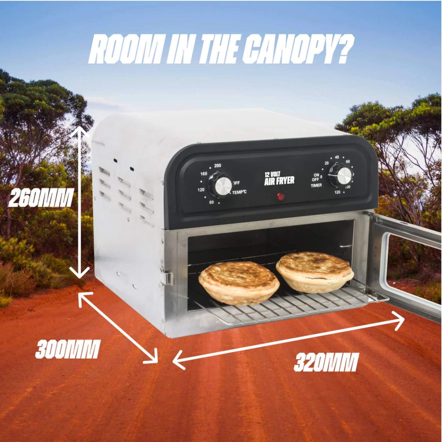 Portable air fryer with dimensions labeled on a scenic background