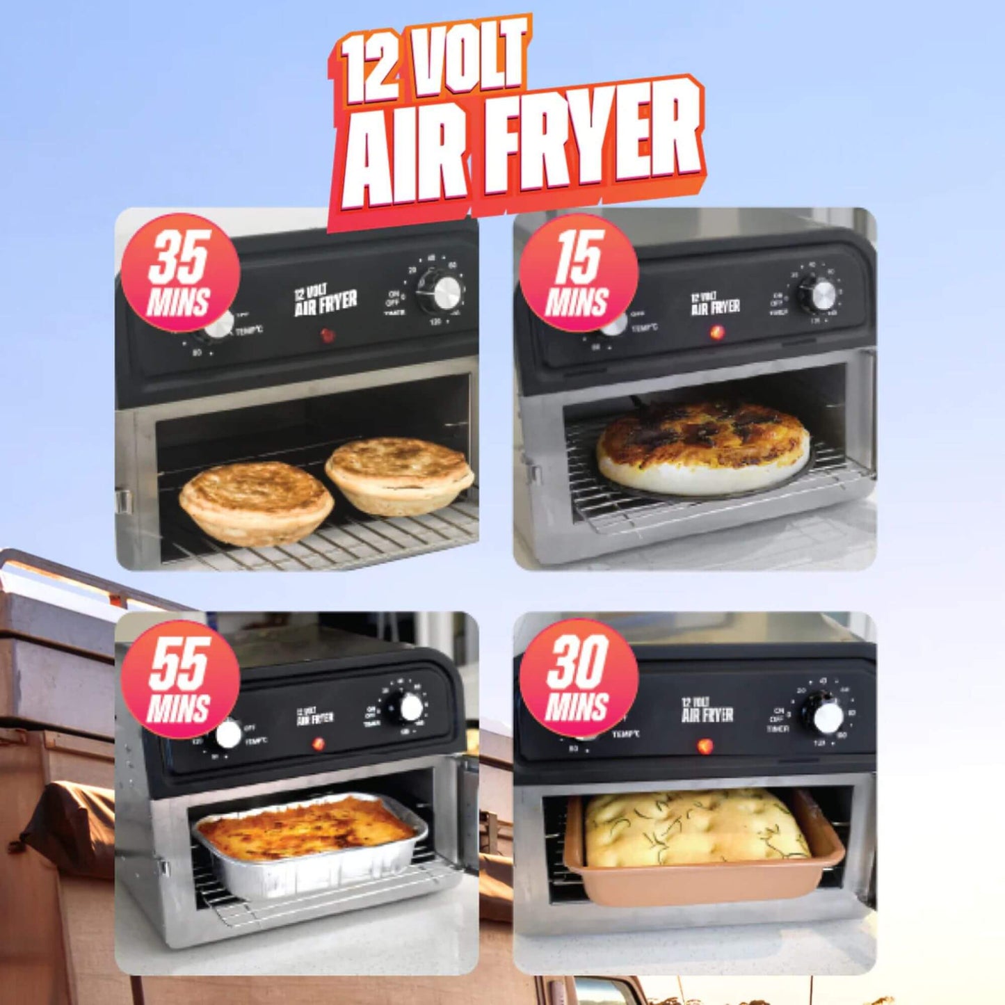 12 Volt Air Fryer with images of food being cooked and cooking times displayed.