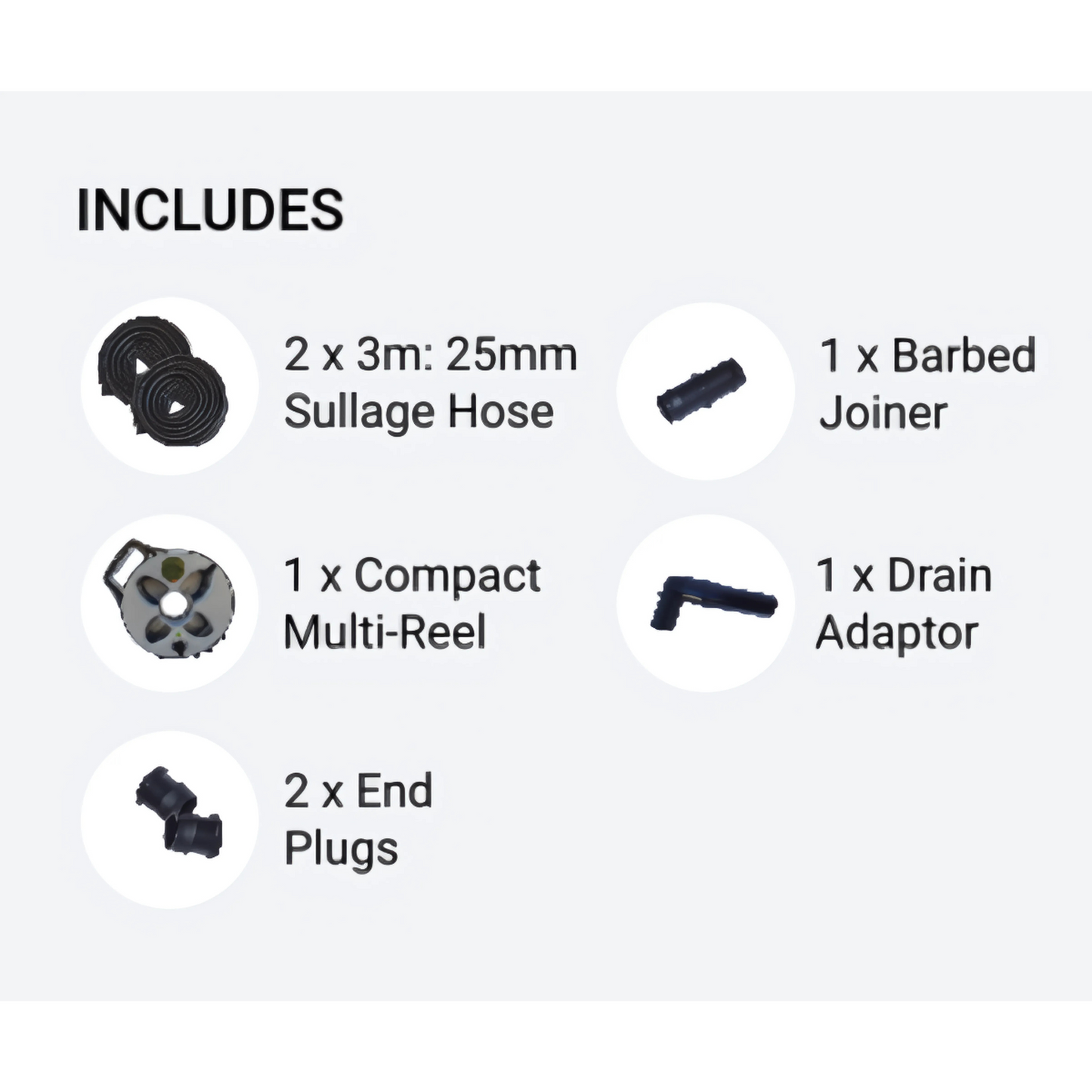 Flat Out 6m roll-flat sullage hose with 25mm diameter, compact reel, and joiner kit