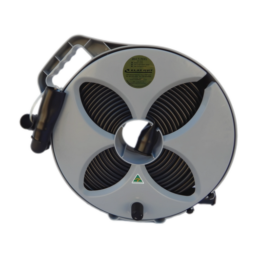 Flat Out 9m roll-flat sullage hose with 25mm diameter, reel, end caps, and joiners