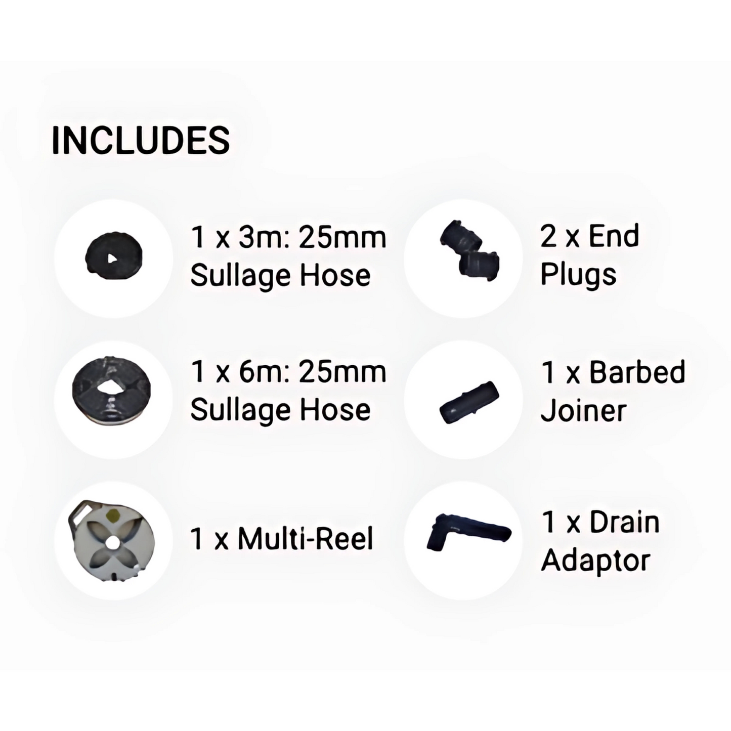 Flat Out 9m roll-flat sullage hose with 25mm diameter, reel, end caps, and joiners