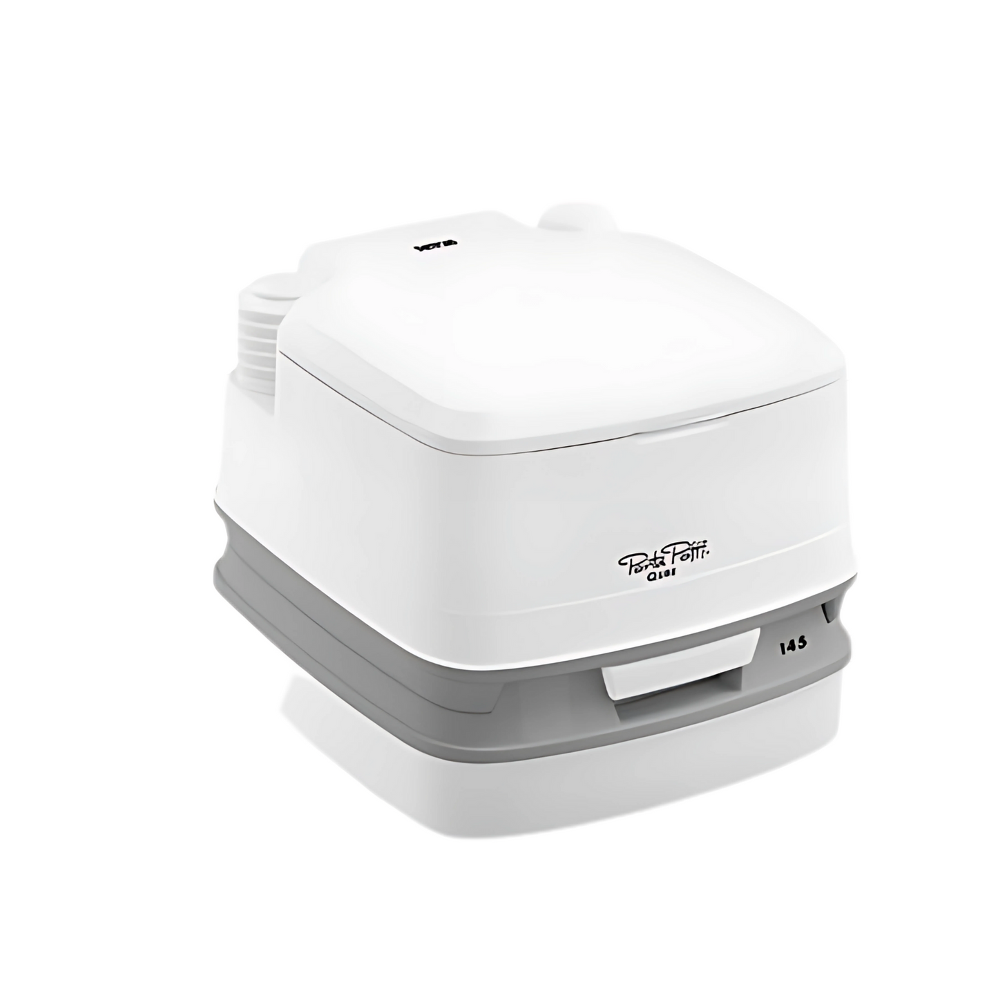 Thetford Porta Potti Qube 145 compact portable toilet with bellows pump, ideal for caravans, camping, and travel use.