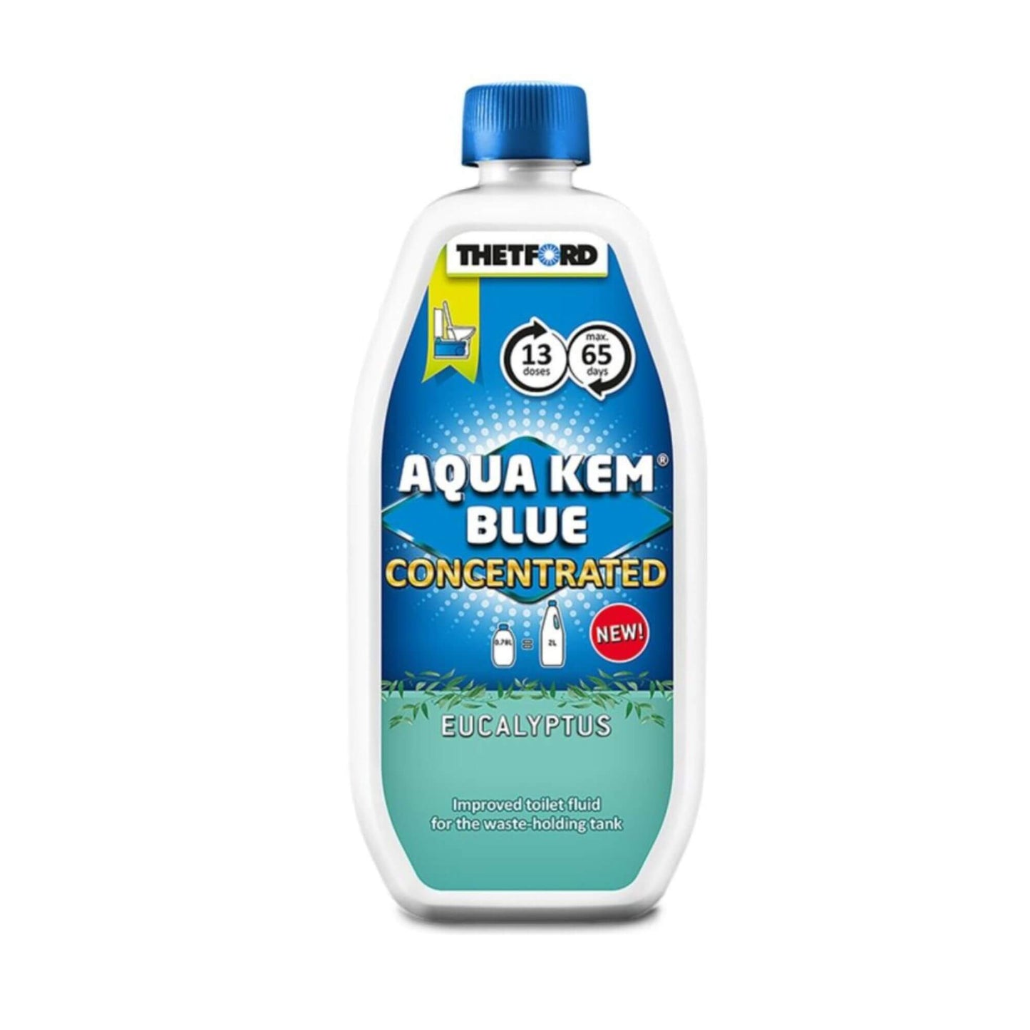 Aqua Kem Blue Eucalyptus Concentrated 780ml bottle, 2.5× concentrated toilet fluid for cassette and portable toilets with eucalyptus fragrance