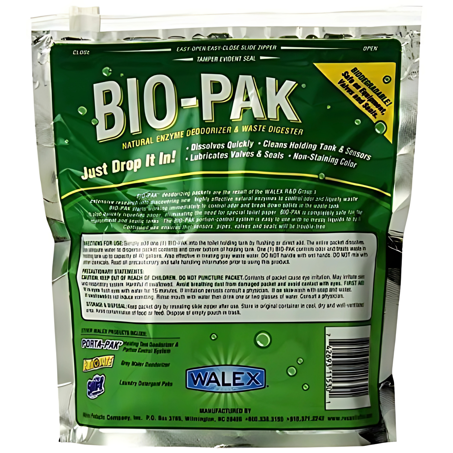 Walex BIO-PAK toilet deodorizer. 15-pack, breaks down waste & paper, eco-friendly, formaldehyde-free. Ideal for caravans & boats.