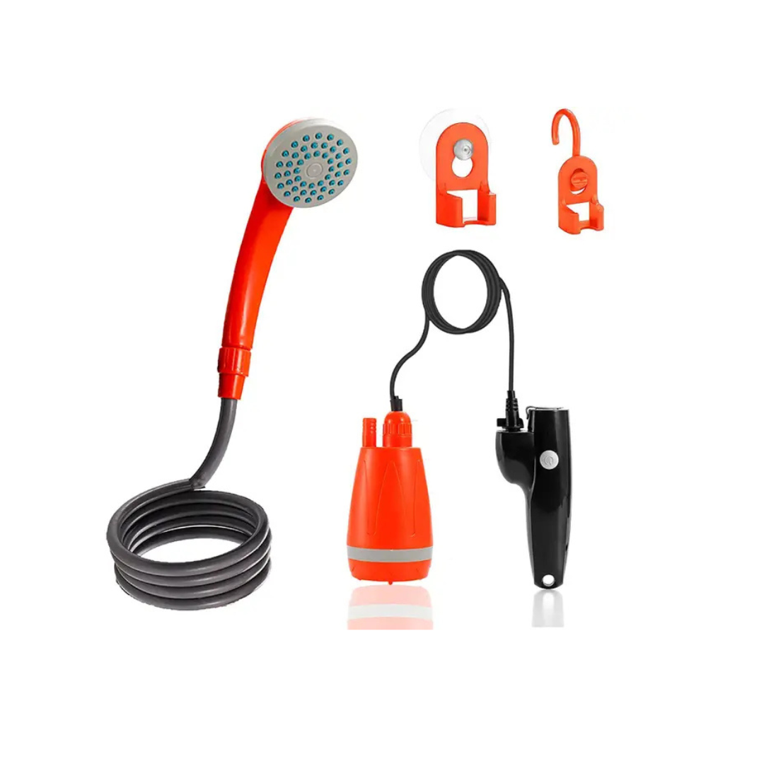 Portable camp shower with USB recharge, clip and suction pads for outdoor use