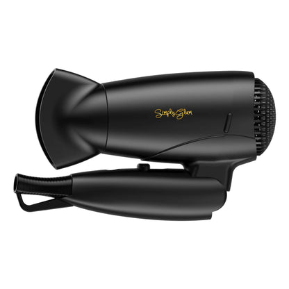 Simply Glam black and gold 12V hair dryer folded for compact storage