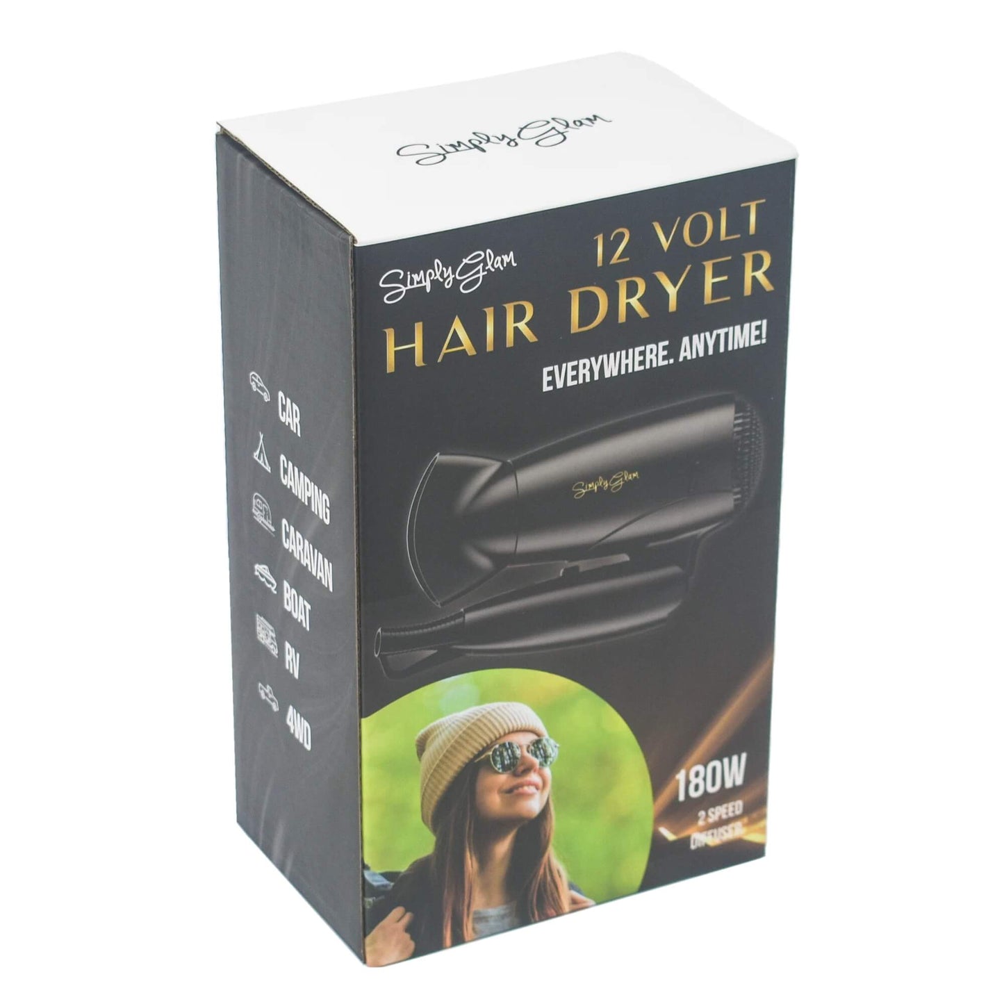 Simply Glam 12V hair dryer retail box showing features for camping and travel