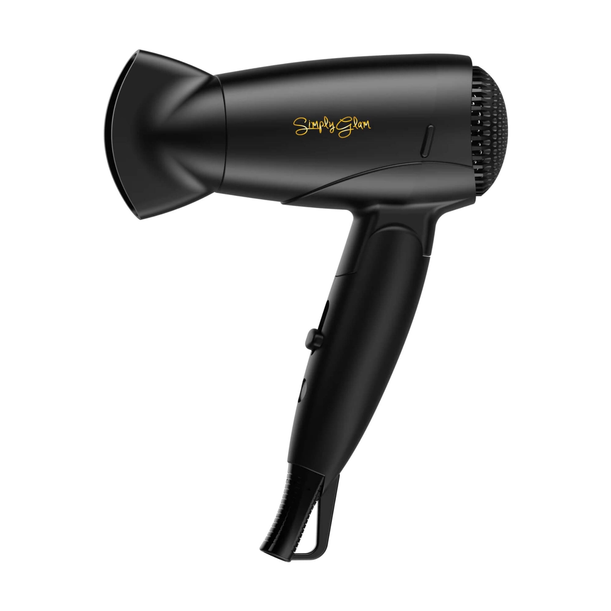 Simply Glam black and gold 12V portable hair dryer side view