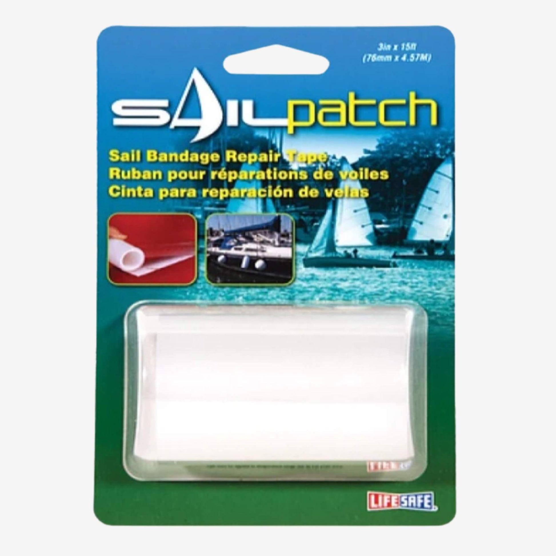 Lifesafe Sail Patch Tape pack showing 76mm × 4.57m transparent sail repair tape