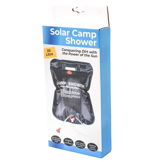 20L solar-powered camping shower bag with hanging hook and adjustable nozzle