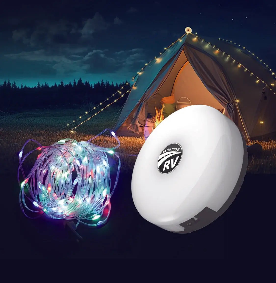On The Road RV RGB LED string light 10mt with USB-C rechargeable base for camping and caravans
