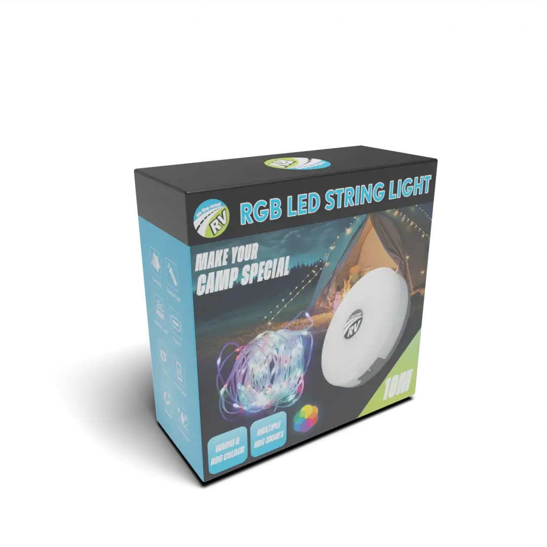 Box of RGB LED string light with product image and text on a white background