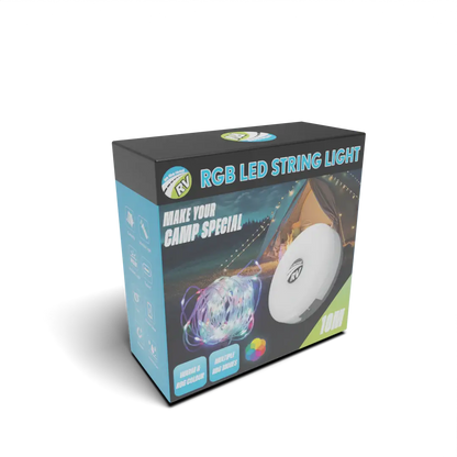 Box of RGB LED string light with product image and text on a white background